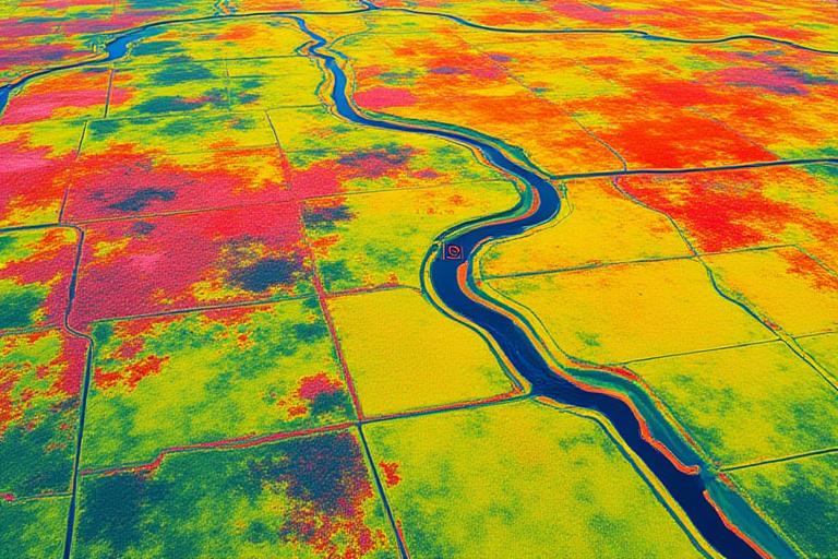 An aerial infrared image of agricultural fields displaying varied thermal signatures, indicating crop health differences.
