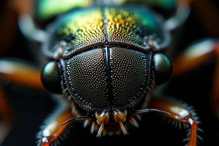 An extreme close-up, highly detailed macro photograph of a beetle's complex compound eye structure.