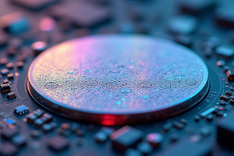 A shimmering silicon wafer with intricate, microscopic circuitry visible under precise inspection lighting.