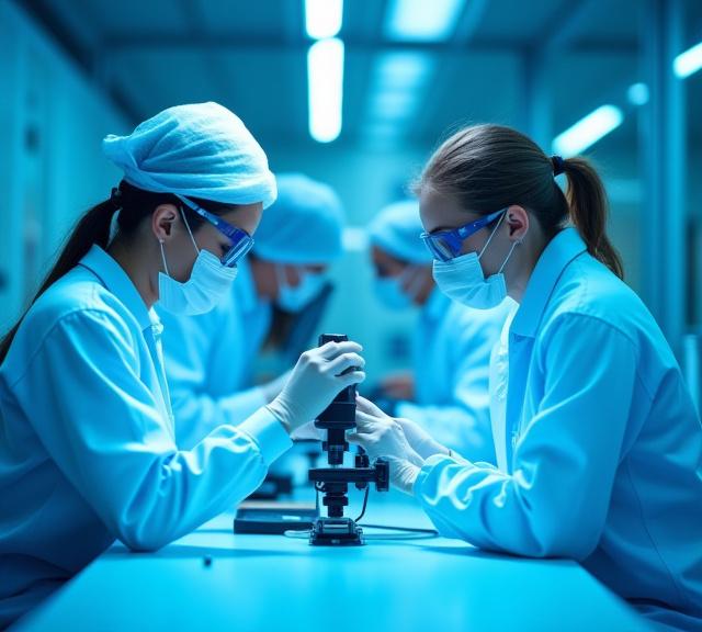 A clean and modern optics laboratory at Beetle Scope with engineers at work, precisely calibrating equipment.