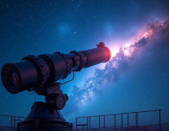 A high-power, professional-grade observatory telescope pointing towards a star-filled night sky, symbolizing cosmic exploration.
