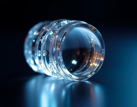 A precisely crafted custom optical lens reflecting light in an intricate pattern, highlighting its complex geometry.