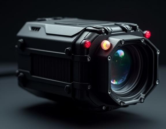 A ruggedized, advanced infrared imaging camera system with intricate sensor details, poised for deployment.
