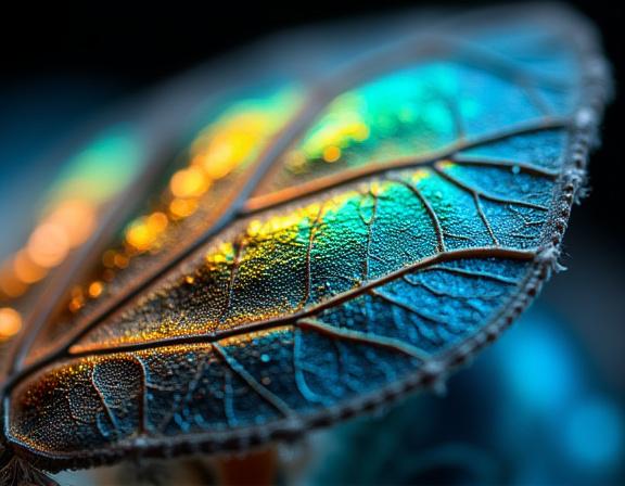 A detailed macro view of an insect's iridescent wing through an advanced microscope, showcasing intricate microscopic structures.