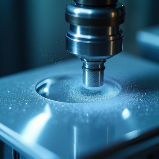 A close-up of a sophisticated automated lens polishing machine meticulously shaping a precision optical surface.