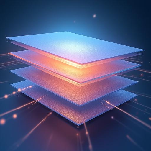 A complex diagram illustrating multiple nano-layers of an advanced optical coating, optimizing light transmission and reflection.